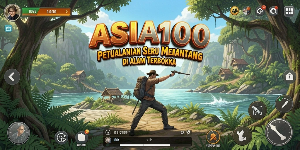 Screenshot utama ASIA100 menampilkan petualangan mendebarkan di alam terbuka.