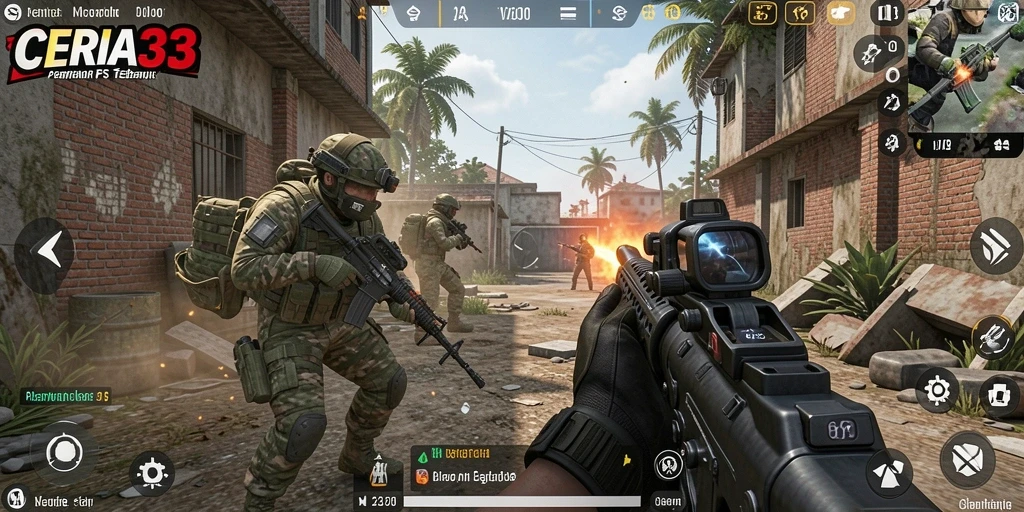 Screenshot utama CERIA33 menampilkan aksi gameplay FPS yang mendebarkan.