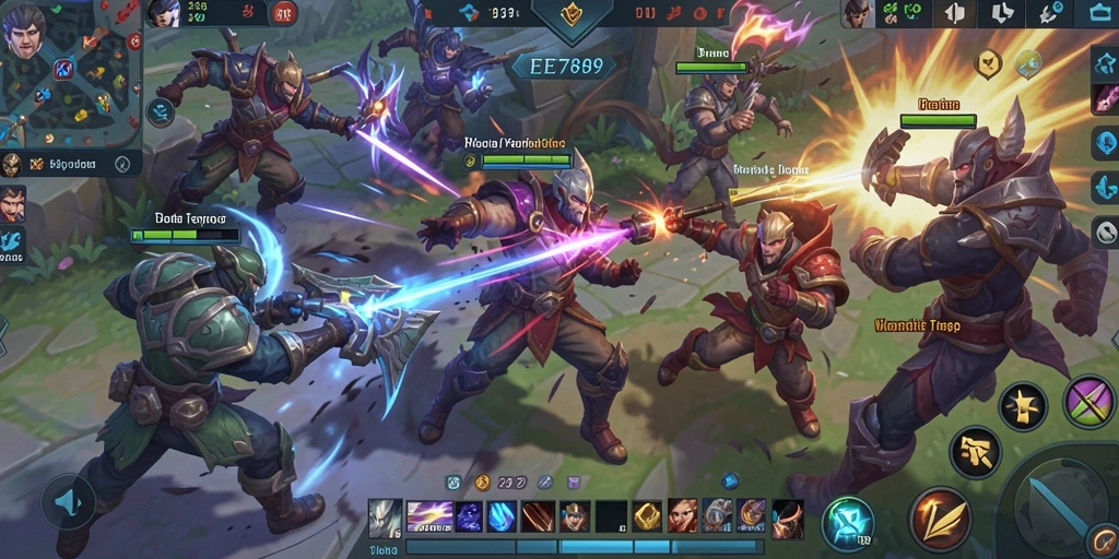 Screenshot gameplay EE789 menampilkan aksi pertarungan MOBA yang intens.