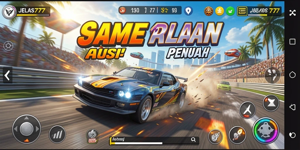 Screenshot utama menunjukkan balapan mendebarkan di JELAS777.