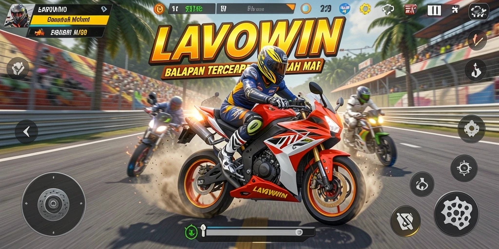 Tampilan gameplay seru LAVOWIN dengan aksi balapan motor yang mendebarkan.