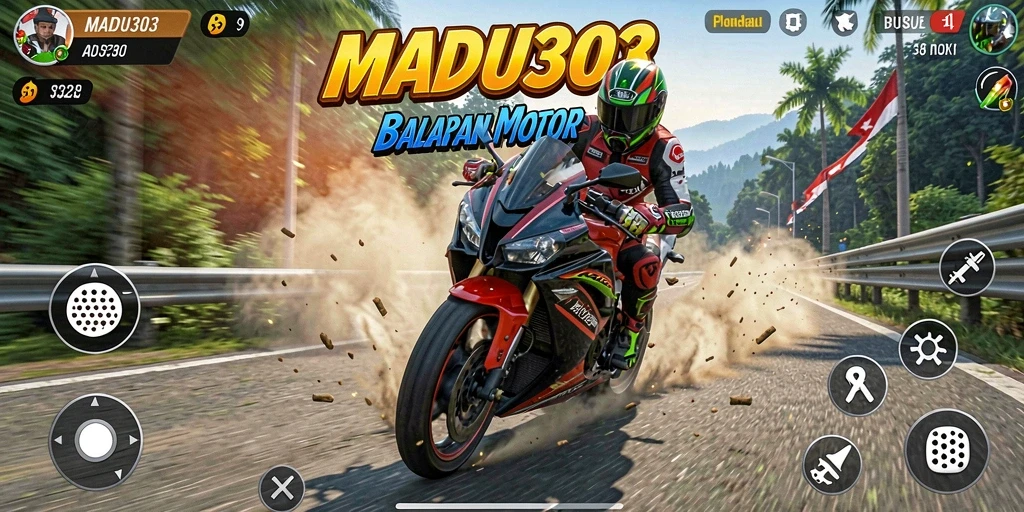 Tampilan gameplay seru di <strong>MADU303</strong> saat balapan motor.
