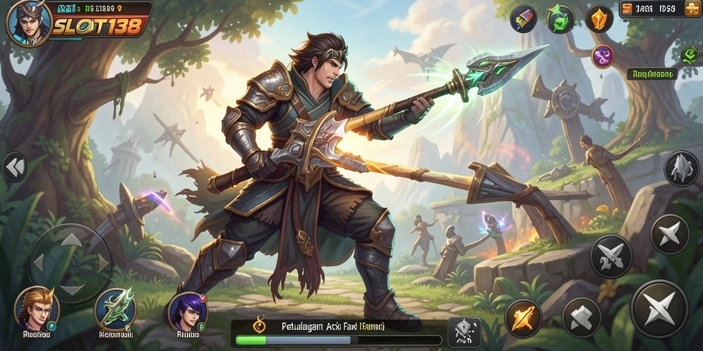 Screenshot menunjukkan gameplay seru dengan pertempuran dalam dunia fantasi.