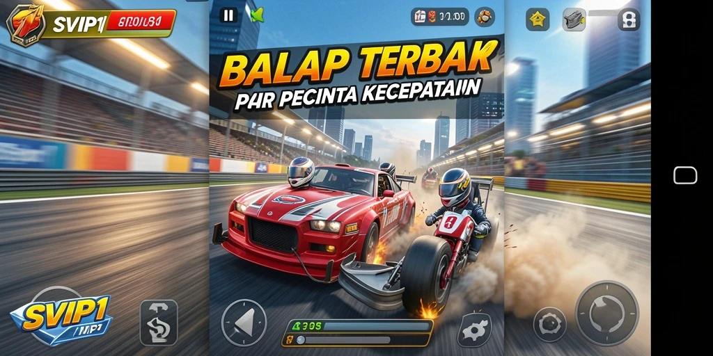 Screenshot gameplay SVIP1 menunjukkan aksi balap seru dan kompetisi ketat.